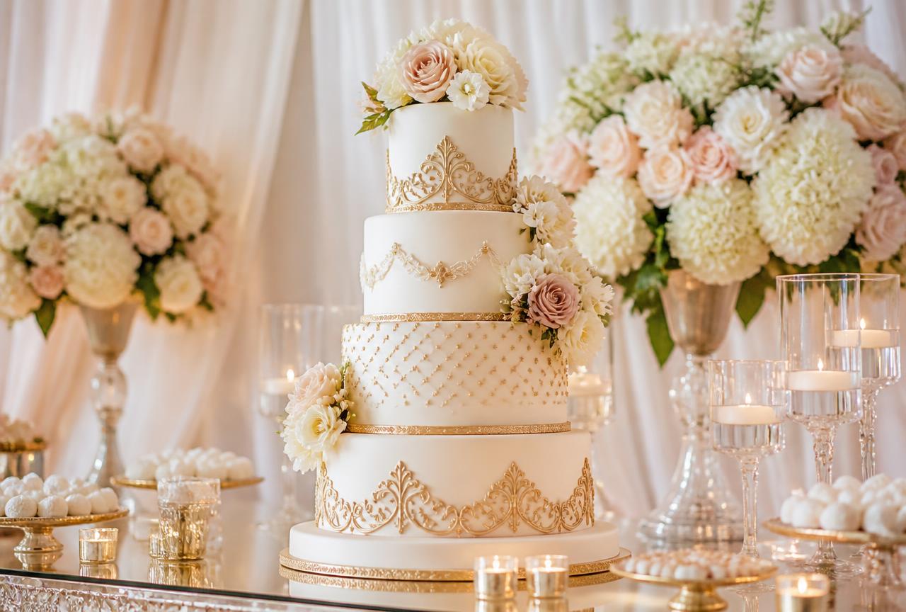 Bolo de casamento de quatro andares com detalhes dourados e flores