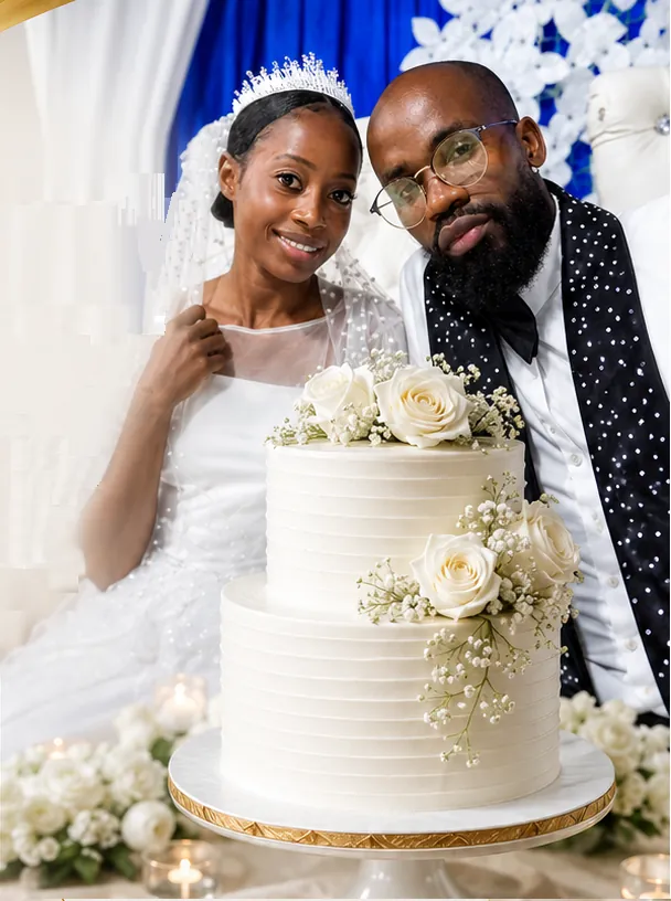 Noivos angolanos junto ao bolo de casamento, evento organizado pela Teu Anjo Soluções em Luanda